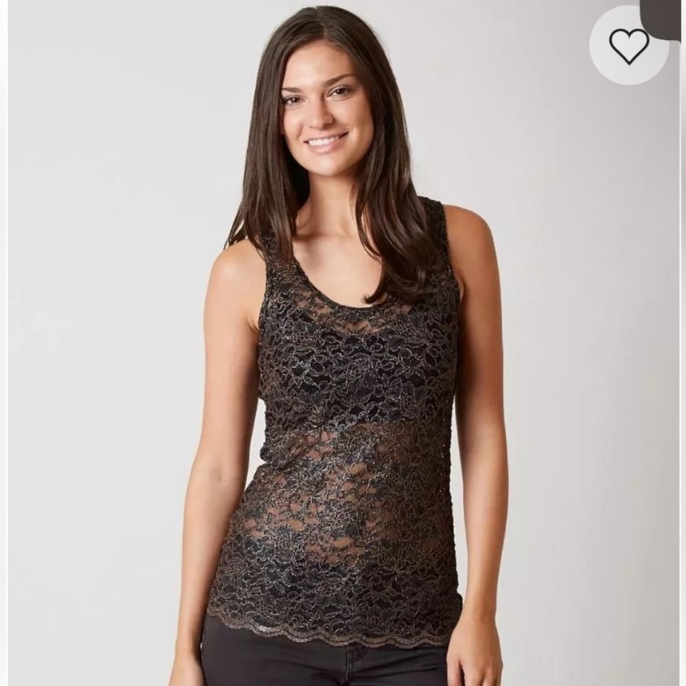 Y2K BKE The Buckle Sheer Lace Long Tank Top Fitted Black Gold Sz XS Whimsigoth